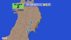 13時42分ごろ、Ｍ３．７　宮城県沖 北緯38.8度　東経141