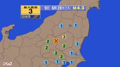 6時28分ごろ、Ｍ４．３　栃木県北部 北緯36.7度　東経139