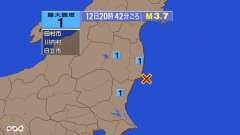 20時42分ごろ、Ｍ３．７　福島県沖 北緯36.9度　東経141