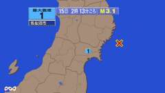 2時13分ごろ、Ｍ３．１　宮城県沖 北緯38.9度　東経142.