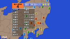 7時25分ごろ、Ｍ５．０　茨城県南部 北緯36.1度　東経140