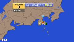 1時2分ごろ、Ｍ２．３　伊豆半島東方沖（伊豆大島近海） 北緯34