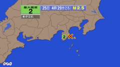 4時29分ごろ、Ｍ２．５　伊豆大島近海 北緯34.8度　東経13