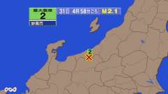 4時58分ごろ、Ｍ２．１　新潟県上越地方 北緯36.9度　東経1