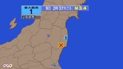 2時37分ごろ、Ｍ３．４　福島県浜通り 北緯37.0度　東経14