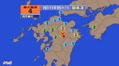 11時5分ごろ、Ｍ４．３　熊本県阿蘇地方 北緯33.0度　東経1