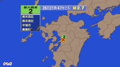21時47分ごろ、Ｍ２．７　熊本県熊本地方 北緯32.7度　東経