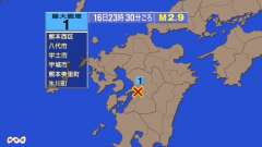 23時30分ごろ、Ｍ２．９　熊本県熊本地方 北緯32.6度　東経