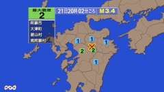 20時2分ごろ、Ｍ３．４　熊本県阿蘇地方 北緯33.0度　東経1