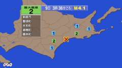 3時36分ごろ、Ｍ４．１　北海道釧路地方中南部 北緯42.9度　