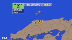 3時57分ごろ、Ｍ３．０　島根県東部 北緯35.4度　東経133