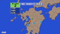1時2分ごろ、Ｍ３．３　熊本県天草・葦北地方 北緯32.6度　東