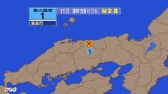 0時59分ごろ、Ｍ２．８　鳥取県中部 北緯35.4度　東経133