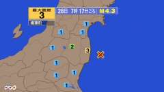 7時17分ごろ、Ｍ４．３　福島県沖 北緯37.2度　東経141.