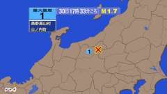 17時33分ごろ、Ｍ１．７　長野県北部 北緯36.7度　東経13