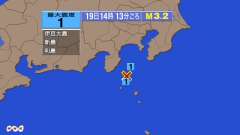 14時13分ごろ、Ｍ３．２　新島・神津島近海 北緯34.5度　東