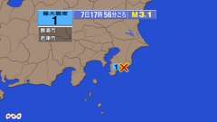 17時56分ごろ、Ｍ３．１　千葉県南東沖 北緯35.1度　東経1