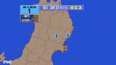 3時31分ごろ、Ｍ３．３　宮城県沖 北緯38.5度　東経141.