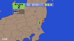 0時00分ごろ、Ｍ３．４　茨城県北部 北緯36.7度　東経140