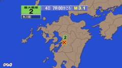 7時00分ごろ、Ｍ３．１　熊本県熊本地方 北緯32.6度　東経1
