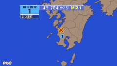 7時41分ごろ、Ｍ２．１　鹿児島県薩摩地方 北緯32.0度　東経