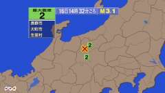 14時32分ごろ、Ｍ３．１　長野県北部 北緯36.5度　東経13