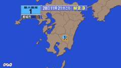 11時21分ごろ、Ｍ２．３　宮崎県南部山沿い 北緯31.9度　東