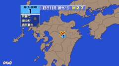 11時16分ごろ、Ｍ２．７　熊本県阿蘇地方 北緯33.0度　東経