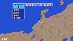 20時31分ごろ、Ｍ２．７　石川県加賀地方 北緯36.5度　東経