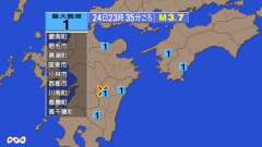 23時35分ごろ、Ｍ３．７　宮崎県北部山沿い 北緯32.5度　東