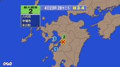 23時28分ごろ、Ｍ３．４　熊本県熊本地方 北緯32.6度　東経