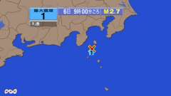 9時00分ごろ、Ｍ２．７　新島・神津島近海 北緯34.5度　東経