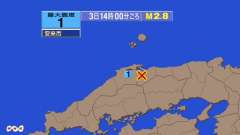 14時00分ごろ、Ｍ２．８　島根県東部 北緯35.3度　東経13