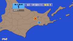 1時58分ごろ、Ｍ２．１　北海道釧路地方中南部 北緯43.5度　