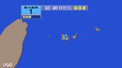 4時11分ごろ、Ｍ３．８　西表島付近 北緯24.4度　東経123