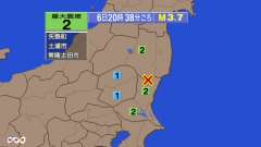 20時38分ごろ、Ｍ３．７　茨城県北部 北緯36.8度　東経14