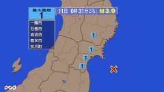 0時31分ごろ、Ｍ３．９　宮城県沖 北緯37.9度　東経141.