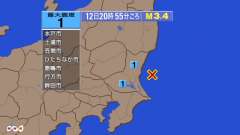 20時55分ごろ、Ｍ３．４　茨城県沖 北緯36.3度　東経140