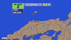 23時54分ごろ、Ｍ３．４　鳥取県西部 北緯35.2度　東経13