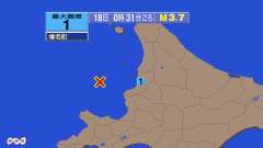 0時31分ごろ、Ｍ３．７　北海道西方沖 北緯44.0度　東経14