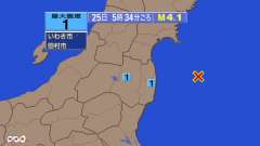 5時34分ごろ、Ｍ４．１　福島県沖 北緯37.5度　東経142.