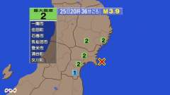 20時36分ごろ、Ｍ３．９　宮城県沖 北緯38.4度　東経141