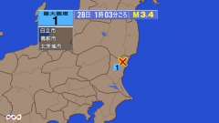 1時3分ごろ、Ｍ３．４　茨城県北部 北緯36.7度　東経140.