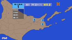 7時32分ごろ、Ｍ５．２　択捉島付近 北緯45.1度　東経146