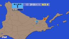 3時5分ごろ、Ｍ２．４　北海道網走地方 北緯44.0度　東経14