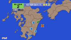 16時54分ごろ、Ｍ４．２　日向灘 北緯32.2度　東経132.