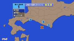19時21分ごろ、Ｍ３．８　浦河沖 北緯42.0度　東経142.