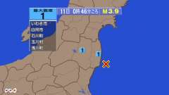 0時46分ごろ、Ｍ３．９　福島県沖 北緯37.0度　東経141.