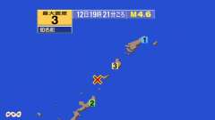 19時21分ごろ、Ｍ４．６　沖縄本島近海 北緯27.3度　東経1