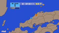 時46分ごろ、Ｍ２．７　島根県西部 北緯35.2度　東経132.